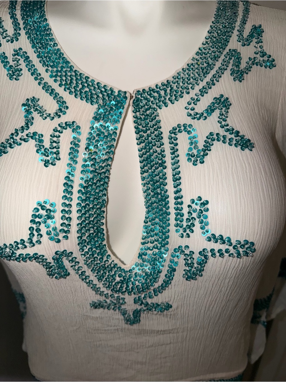 Calypso St. Barth 100% Silk White & Turquoise Sequined Beach Cover-Up Tunic - Picture 6 of 15